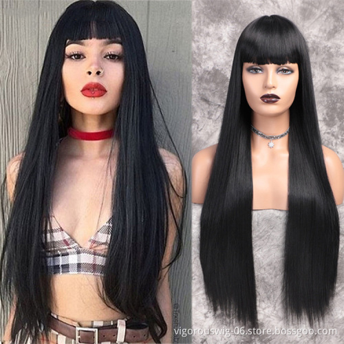 Vigorous 28 Inches Glueless Black Long Silky Straight Middle Part Wig With Bangs Frontal Lace Synthetic Hair Wig